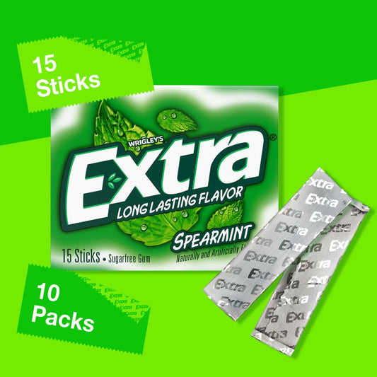 EXTRA Gum Spearmint Sugarfree Chewing Gum Bulk, 15 Count, 10 Pack | Long Lasting Mint Flavor for Fresh Breath, Individually Wrapped Packs for Sharing, Great for School, Work and Travel