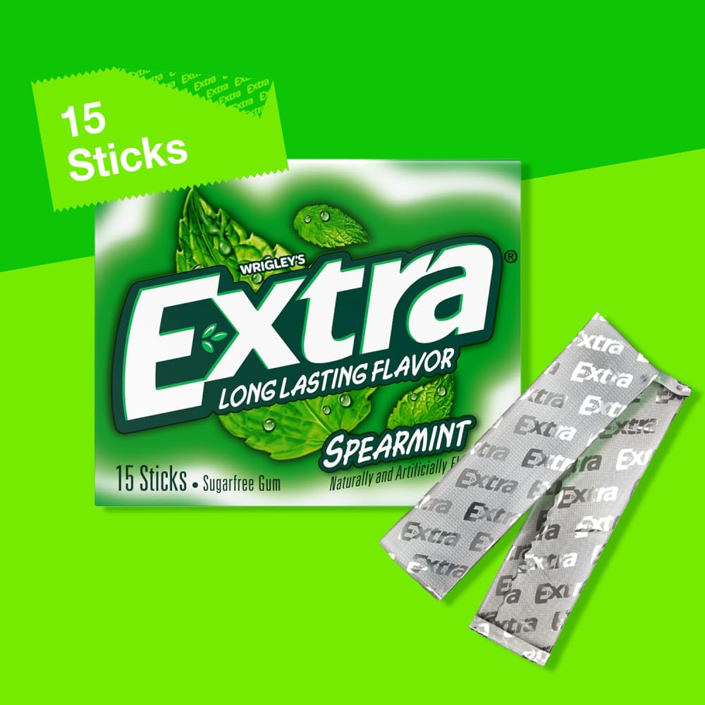 EXTRA Gum Spearmint Sugarfree Chewing Gum Bulk, 15 Count, 10 Pack | Long Lasting Mint Flavor for Fresh Breath, Individually Wrapped Packs for Sharing, Great for School, Work and Travel