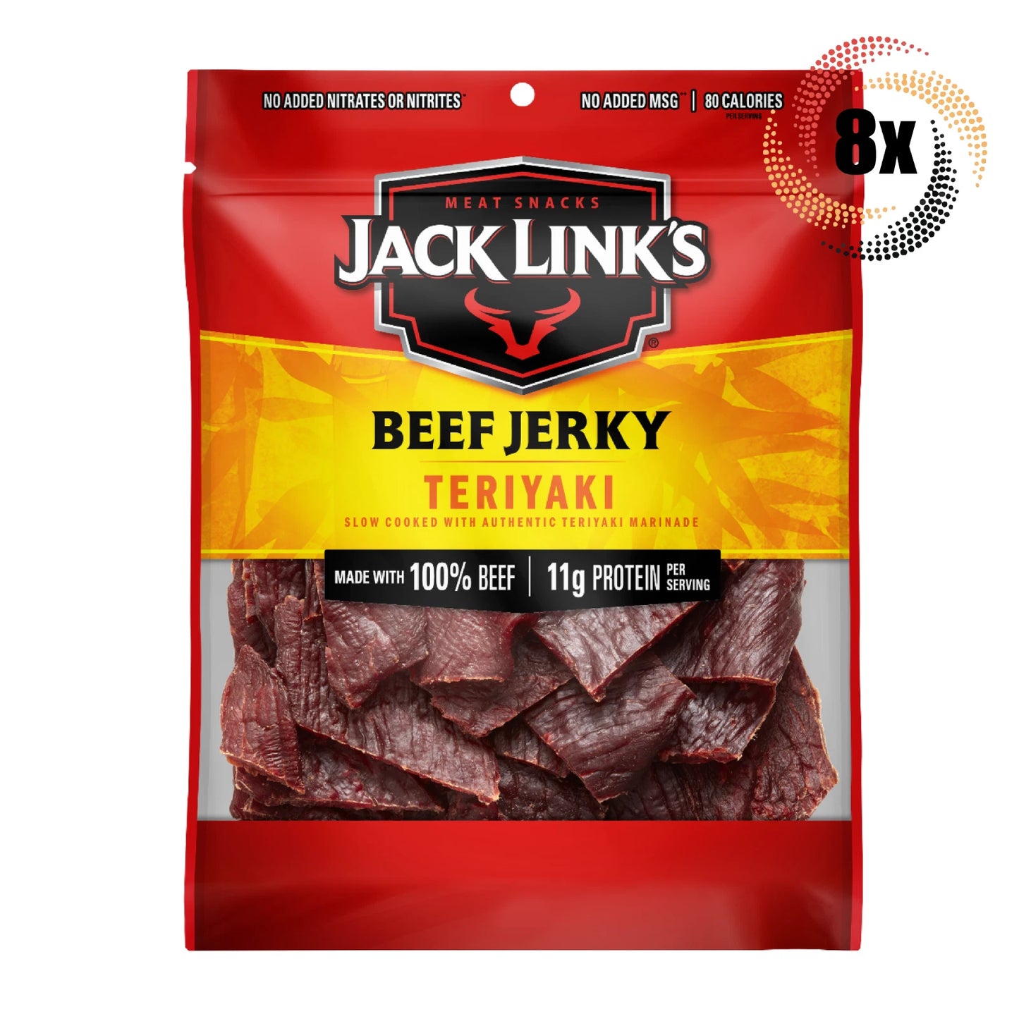 8x Bags Jack Link's Teriyaki Beef Jerky | 3.25oz | 100% Beef | 11G Protein