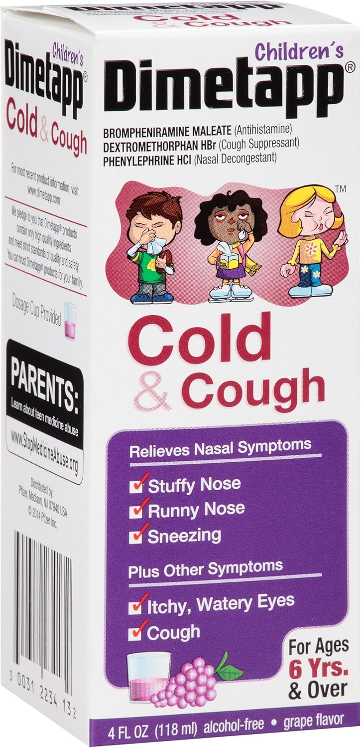 Dimetapp Children's Cold & Cough Antihistamine, Cough Suppressant, & Decongestant (Grape Flavor, 4 fl. oz. Bottle)