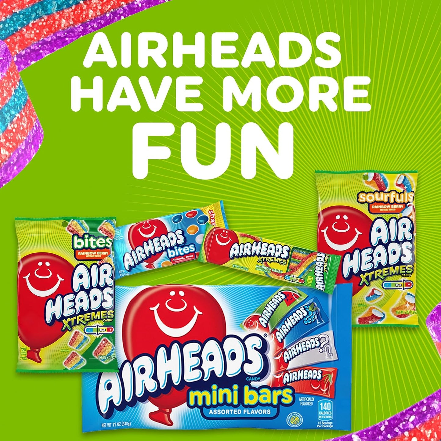 Airheads Xtremes Belts Sweetly Sour Candy, Very Berry, Non-Melting, Bulk Party Bag, 2 oz (Pack of 18)