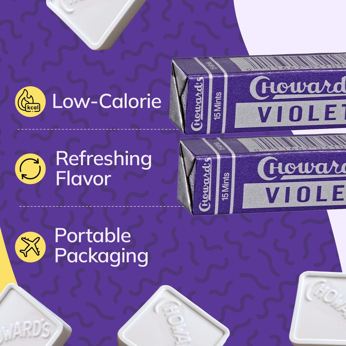 Choward's Violet Mints Candy | Bold Aromatic Flavor | Perfect for Snacks in Lunchboxes, Travel, Sharing, and Gifting | Nostalgic Vintage Candy | Pack of 24 (15 Mints Per Package, 24 Packages Per Box)