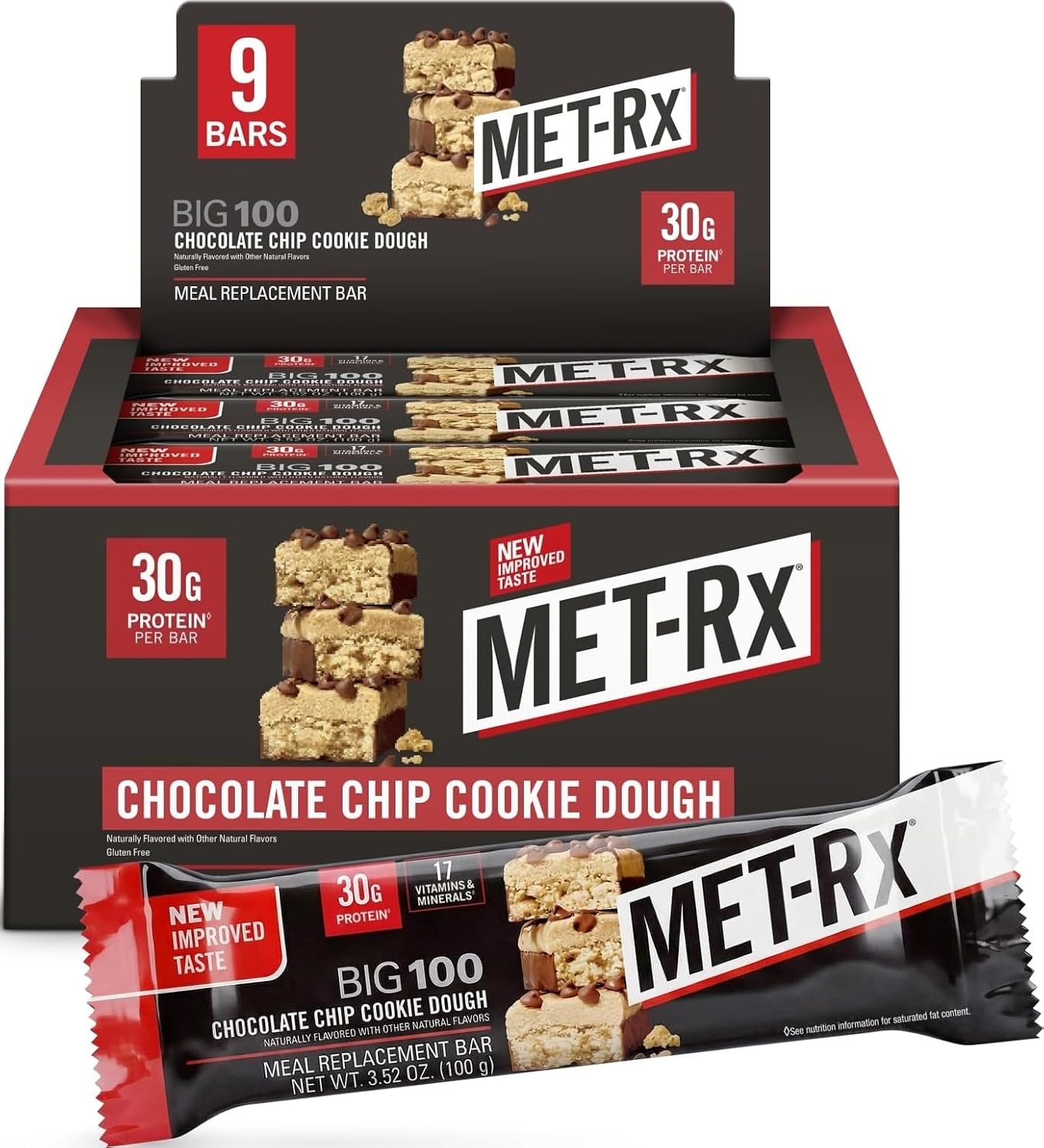 MET-Rx Big 100 Colossal Protein Bars, Chocolate Chip Cookie Dough Meal Replacement Bars, 9 Count (Pack of 1)