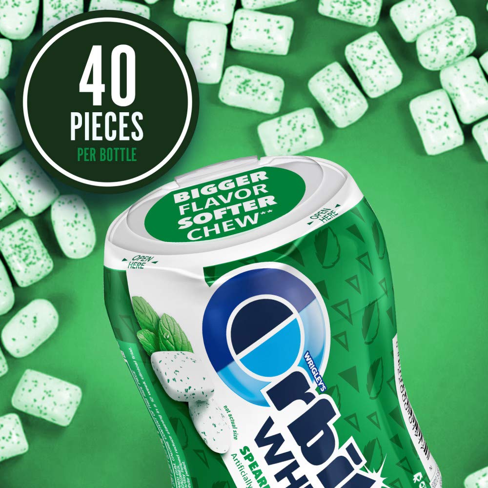 ORBIT WHITE Spearmint Sugar Free Mint Sugarless Fresh Breath Chewing Gum, 40 Piece Resealable Bottle, (4 Pack) for Refreshening Breath