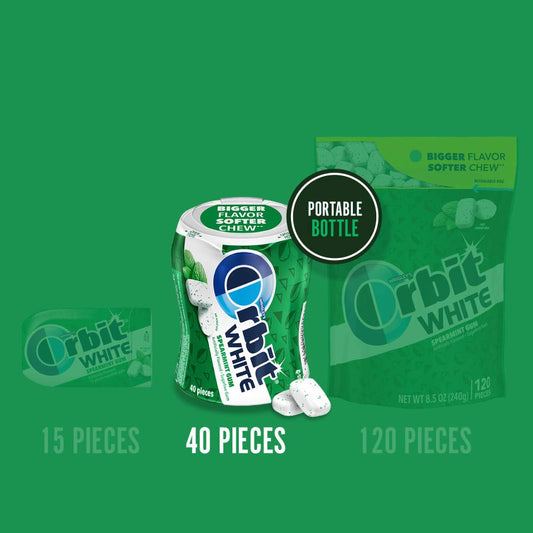 ORBIT WHITE Spearmint Sugar Free Mint Sugarless Fresh Breath Chewing Gum, 40 Piece Resealable Bottle, (4 Pack) for Refreshening Breath