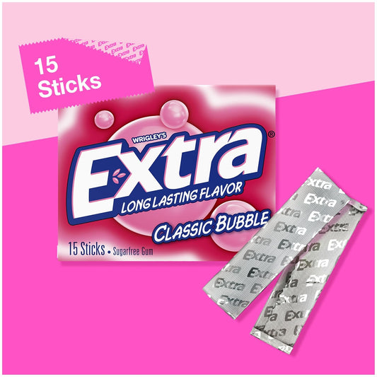 EXTRA Classic Bubble Gum Sugarfree Bulk Chewing Gum, 15 Count, 10 Pack | Long Lasting Classic Bubble Gum Flavor, Individually Wrapped Packs for Sharing, for Fresh Breath at School, Work and Travel