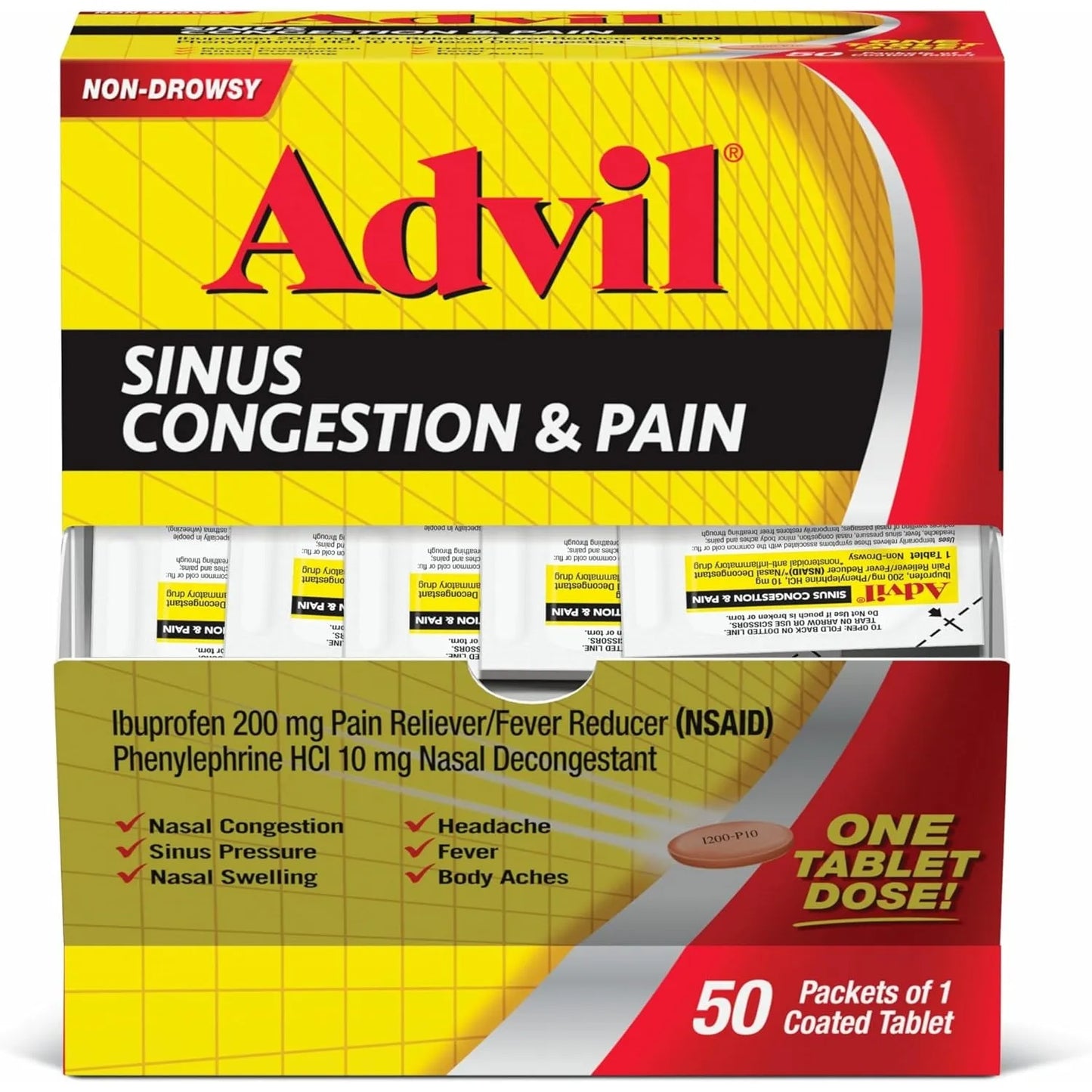 Advil Allergy and Congestion Relief Tablets, Pain Reliever, Fever Reducer and Allergy Relief with Ibuprofen, Phenylephrine HCl and Chlorpheniramine Maleate 4 mg - 50 Coated Tablets