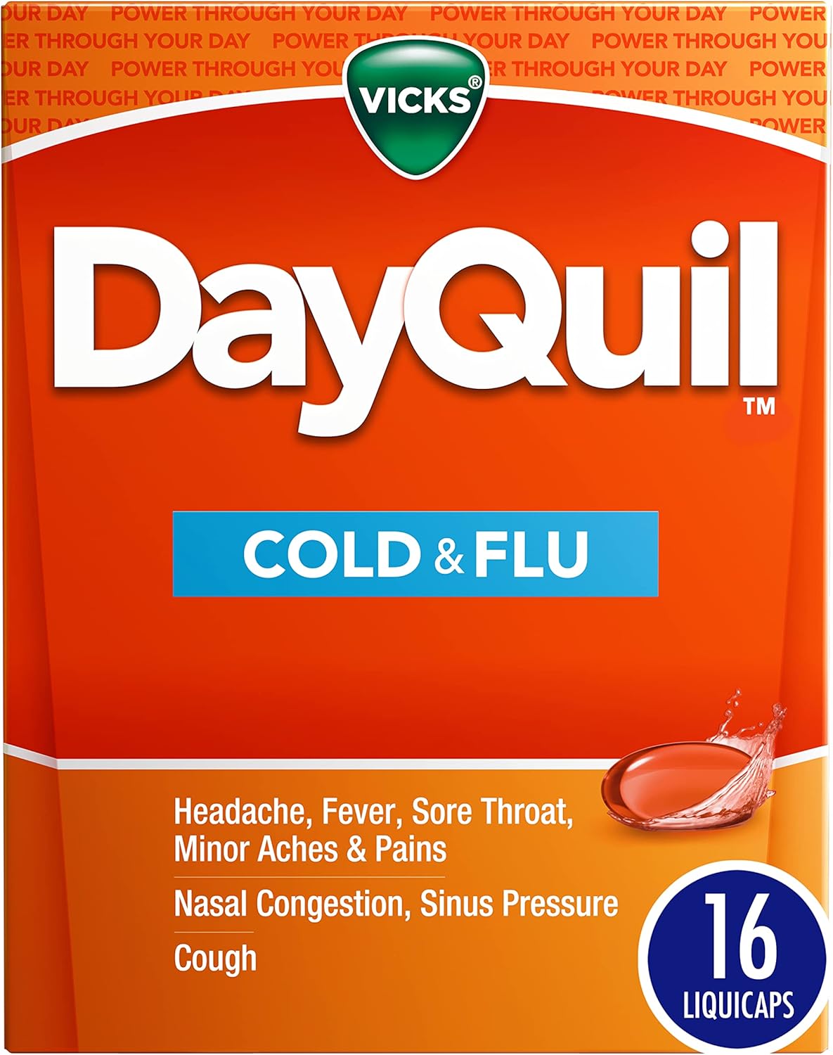 Vicks DayQuil Cold & Flu Medicine, Non-Drowsy Powerful Multi-Symptom Daytime Relief for Headache, Fever, Sore Throat, Minor Aches and Pains, Nasal Congestion, Sinus Pressure and Cough, 16 Liquicaps