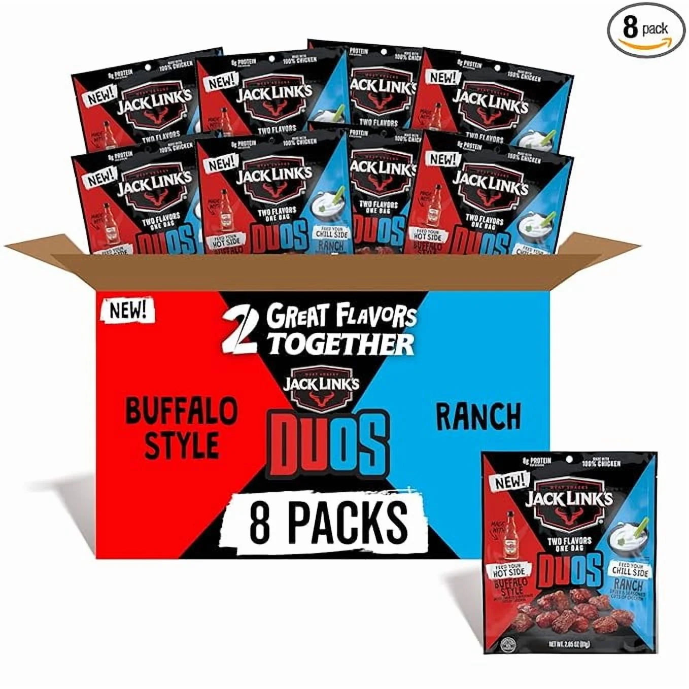 Jack Link's DUOs Frank's RedHot Buffalo Style With Creamy Ranch Flavor Chicken Bites, Under 100 Calories Snacks, 8g of Protein, Feed Your Beast Side With Individual Meat Snack Bags – 2.85oz (8 Count)