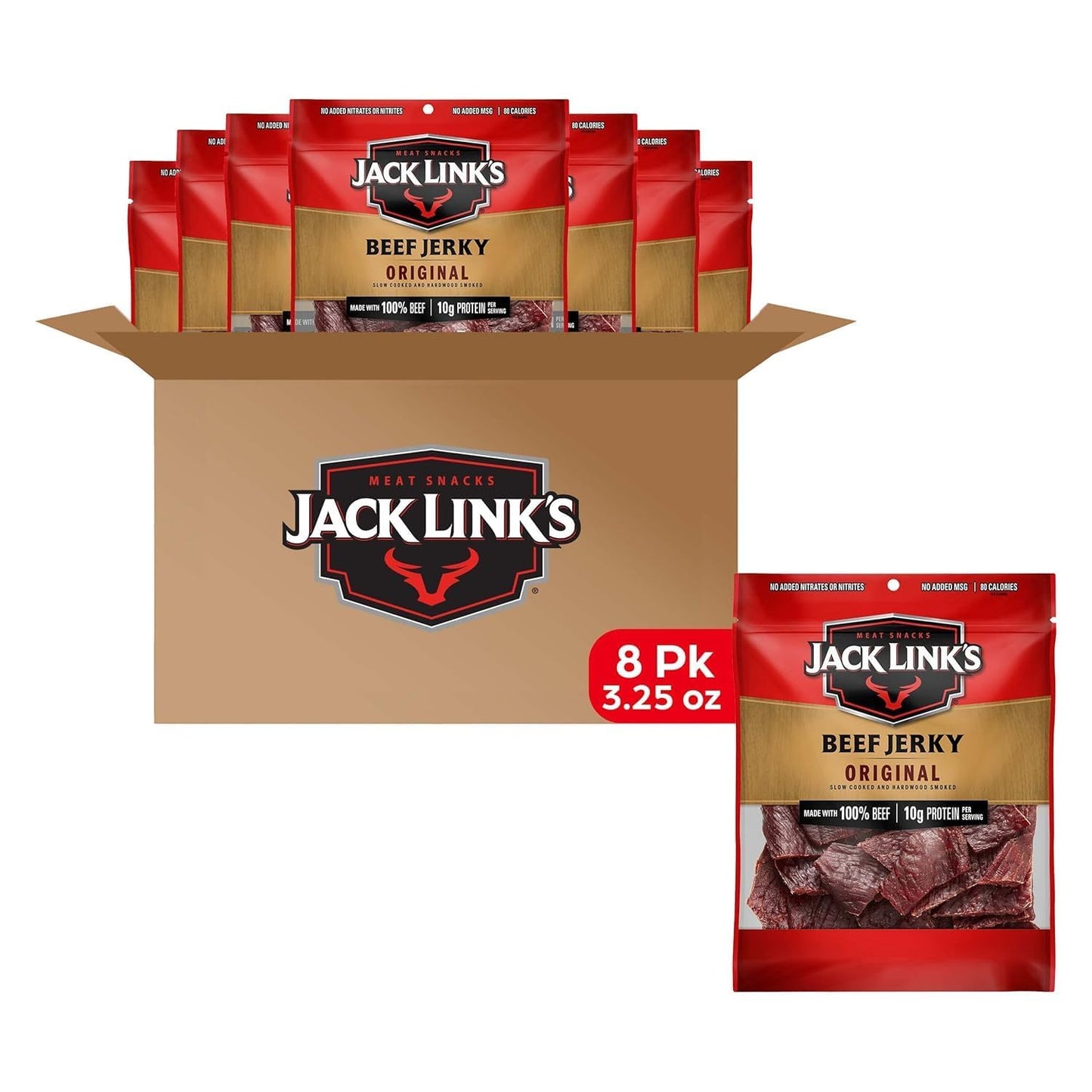 Jack Link's Original Beef Jerky Multipack - (8 Pack) 3.25 oz Bags - Ready to Eat Real Meat Protein Snacks - 10g Protein per Serving - Made with 100% Real Beef