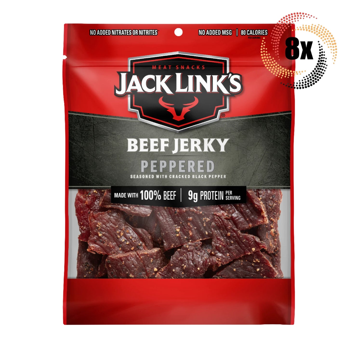 8x Bags Jack Link's Peppered Beef Jerky | 3.25oz | 100% Beef | 9G Protein