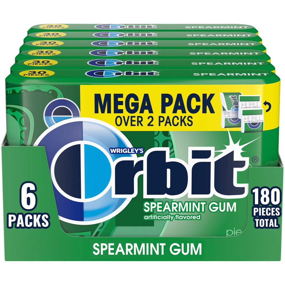 ORBIT Gum Spearmint Sugar Free Chewing Gum Individually Wrapped, Mint, Mega Packs, 6 Count, 180 Piece Bulk Box