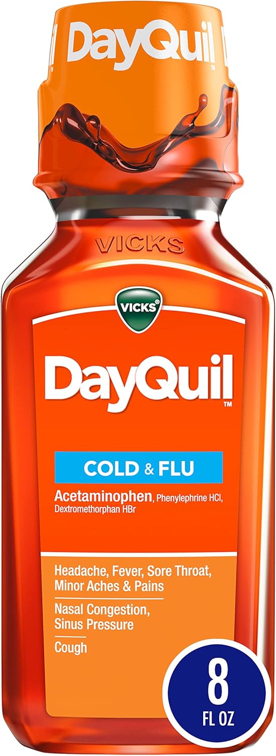 Vicks DayQuil Cold and Flu Relief Liquid Medicine, Non-Drowsy Powerful Multi-Symptom Daytime Relief for Headache, Fever, Sore Throat, Minor Aches and Pains, Nasal Congestion, and Cough, 8 FL OZ