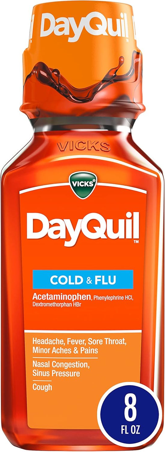 Vicks DayQuil Cold and Flu Relief Liquid Medicine, Non-Drowsy Powerful Multi-Symptom Daytime Relief for Headache, Fever, Sore Throat, Minor Aches and Pains, Nasal Congestion, and Cough, 8 FL OZ