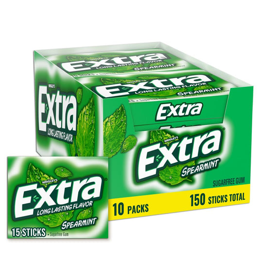 EXTRA Gum Spearmint Sugarfree Chewing Gum Bulk, 15 Count, 10 Pack | Long Lasting Mint Flavor for Fresh Breath, Individually Wrapped Packs for Sharing, Great for School, Work and Travel