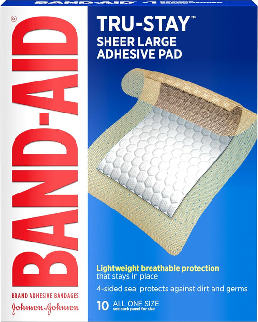 Band-Aid, Brand Tru-Stay Adhesive Pads, Large Sterile Sheer Bandages for First Aid and Wound Care, Large Pad Covers and Protects Minor Cuts, Scrapes and Burns, Lightweight, Large Size, 10 Count
