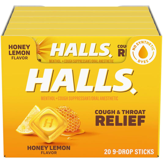 HALLS Cough & Throat Relief Honey Lemon Cough Drops, 180 ct | No Synthetic Dyes, 20 Sticks of 9