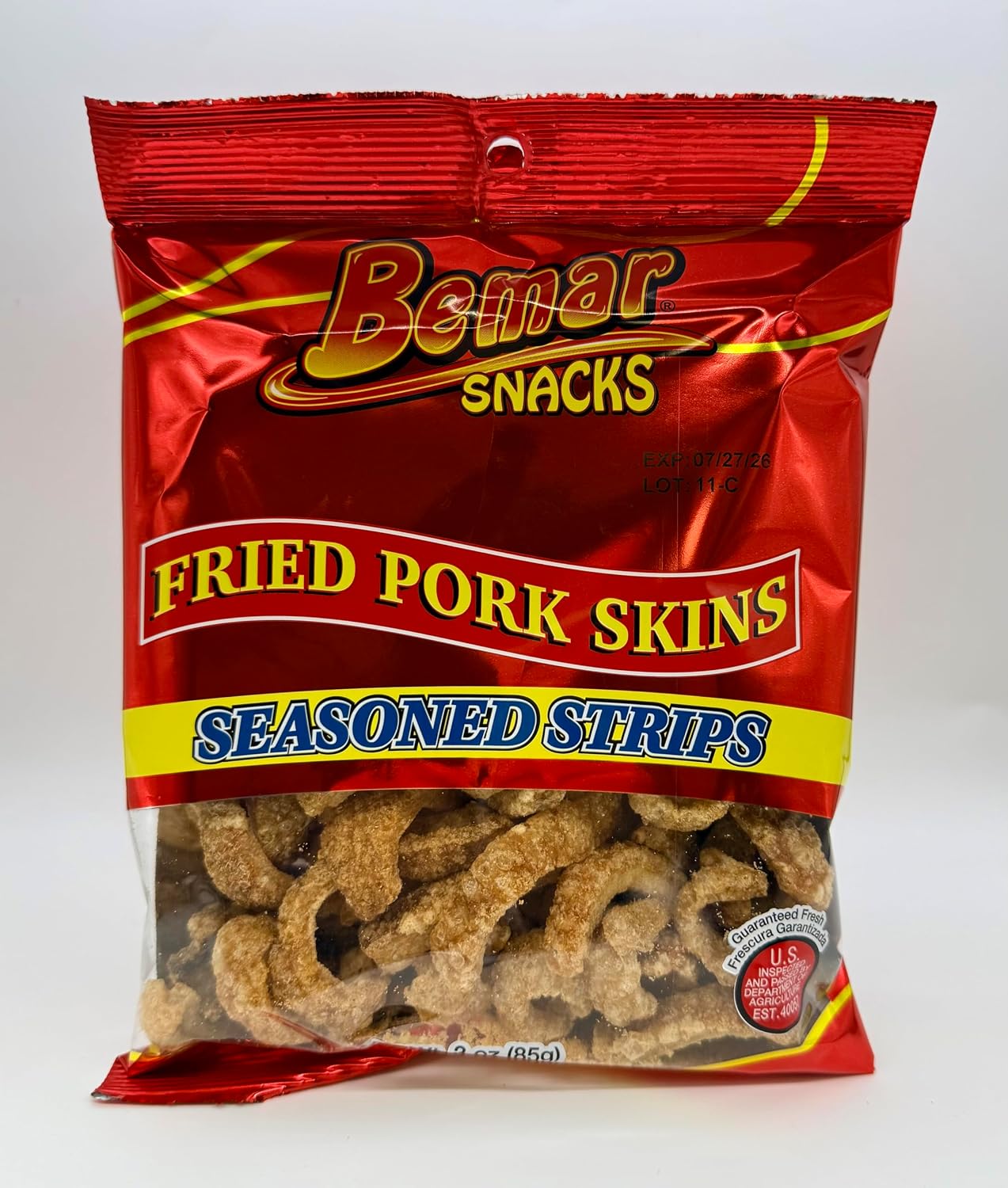 Bemar Snacks Fried Pork Skins Seasoned Strips 12 Bags 3oz per Bag