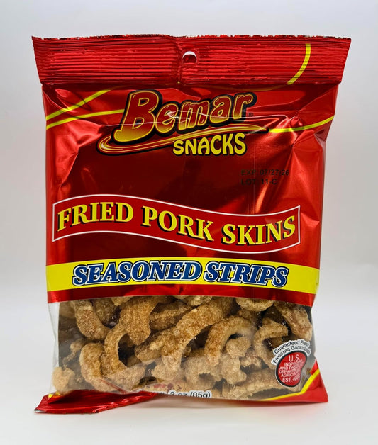 Bemar Snacks Fried Pork Skins Seasoned Strips 12 Bags 3oz per Bag