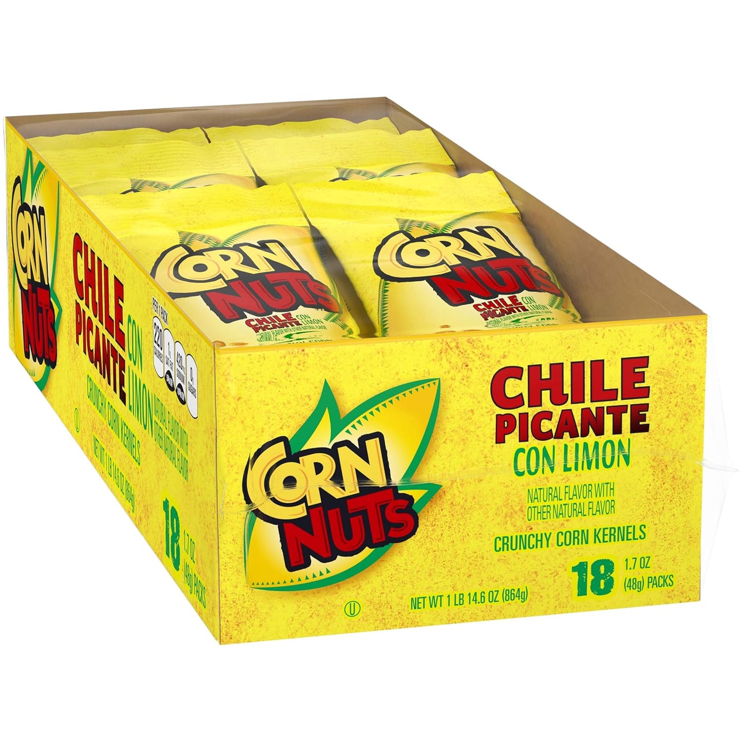 CORN NUTS Chile Picante con Limon Flavored Corn Kernels, Crunchy Corn Snacks, Snack Box, Variety Packs, Food for Adults, 1.7oz. (Pack of 18)