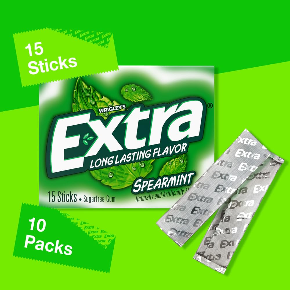 EXTRA Gum Spearmint Sugarfree Chewing Gum Bulk, 15 Count, 10 Pack | Long Lasting Mint Flavor for Fresh Breath, Individually Wrapped Packs for Sharing, Great for School, Work and Travel