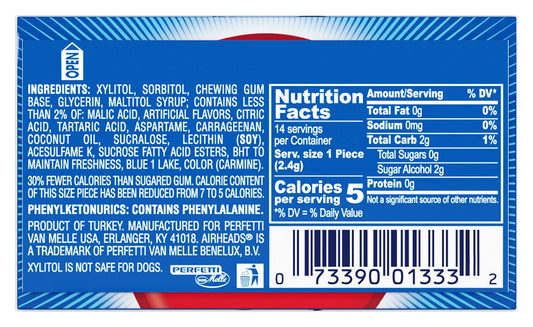 Airheads Chewing Gum, Sugar Free Gum with Micro-Candies, Blue Raspberry Flavor Artificially Flavored, 14 Sticks (12-Pack)