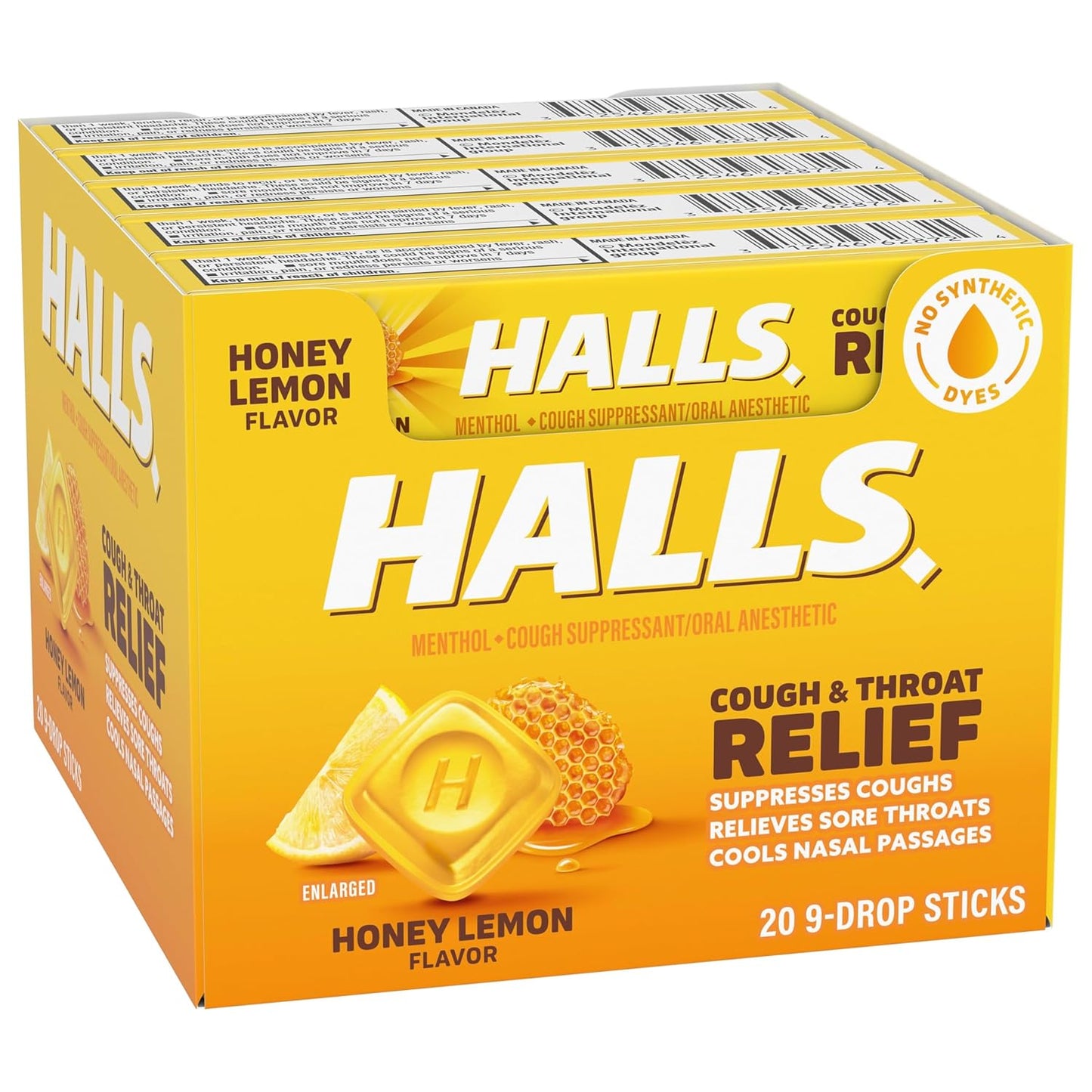 HALLS Cough & Throat Relief Honey Lemon Cough Drops, 180 ct | No Synthetic Dyes, 20 Sticks of 9