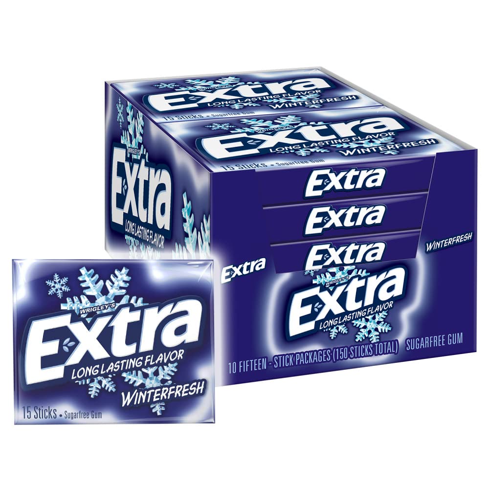 EXTRA Winterfresh Sugarfree Mint Chewing Gum Bulk Pack, 15 Count, 10 Pack | Long Lasting Cool Mint Flavor for Fresh Breath, Individually Wrapped Packs for Sharing, Great for School, Work and Travel