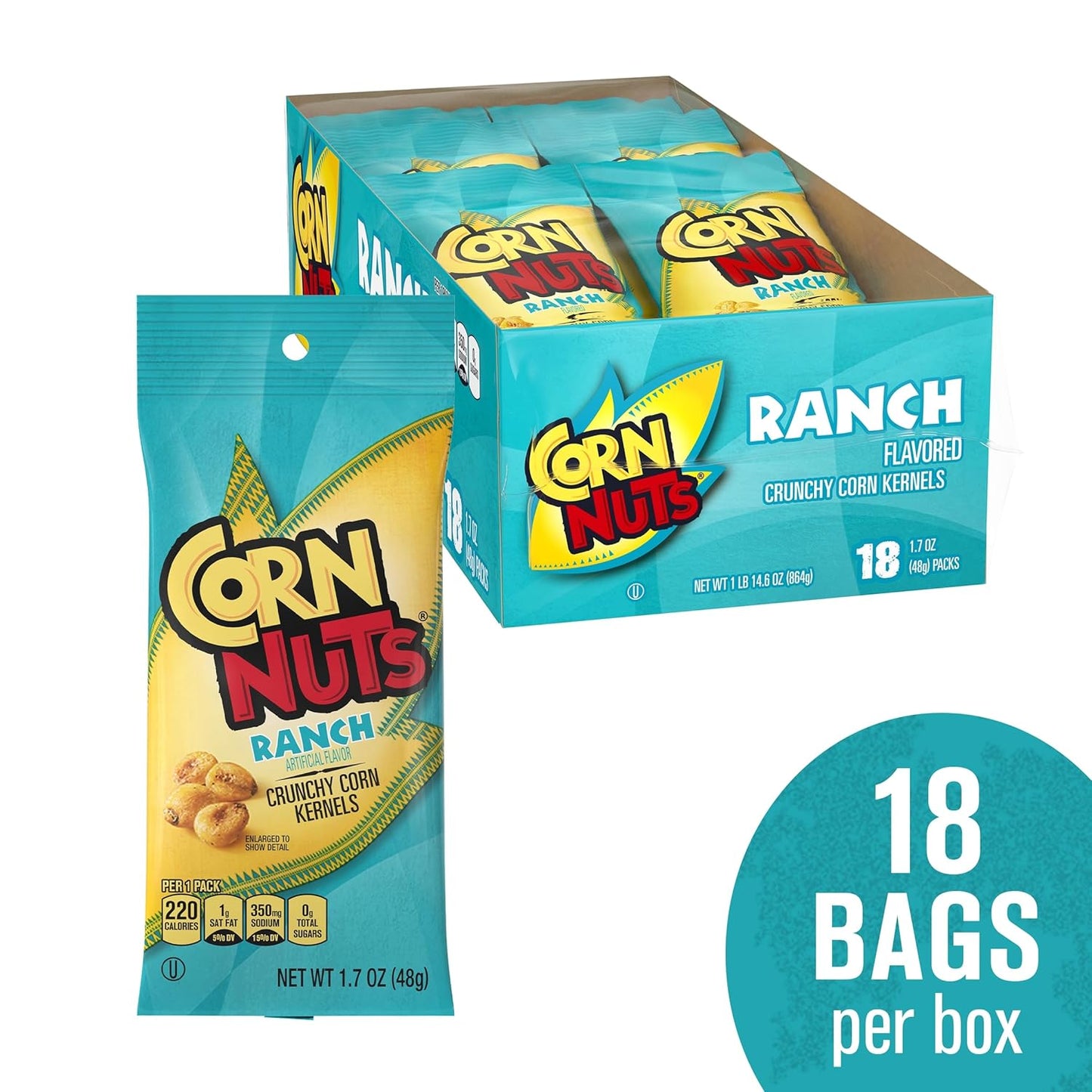 CORN NUTS Ranch Flavored Corn Kernels, Crunchy Corn Snacks, Snack Box, Variety Packs for Adults, 1.7 oz. (Pack of 18)