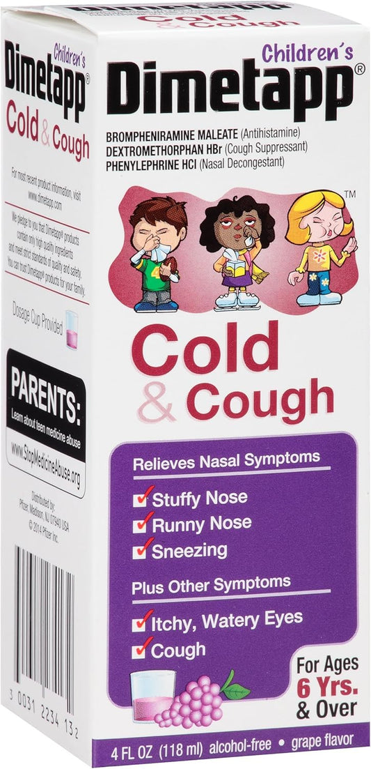 Dimetapp Children's Cold & Cough Antihistamine, Cough Suppressant, & Decongestant (Grape Flavor, 4 fl. oz. Bottle)