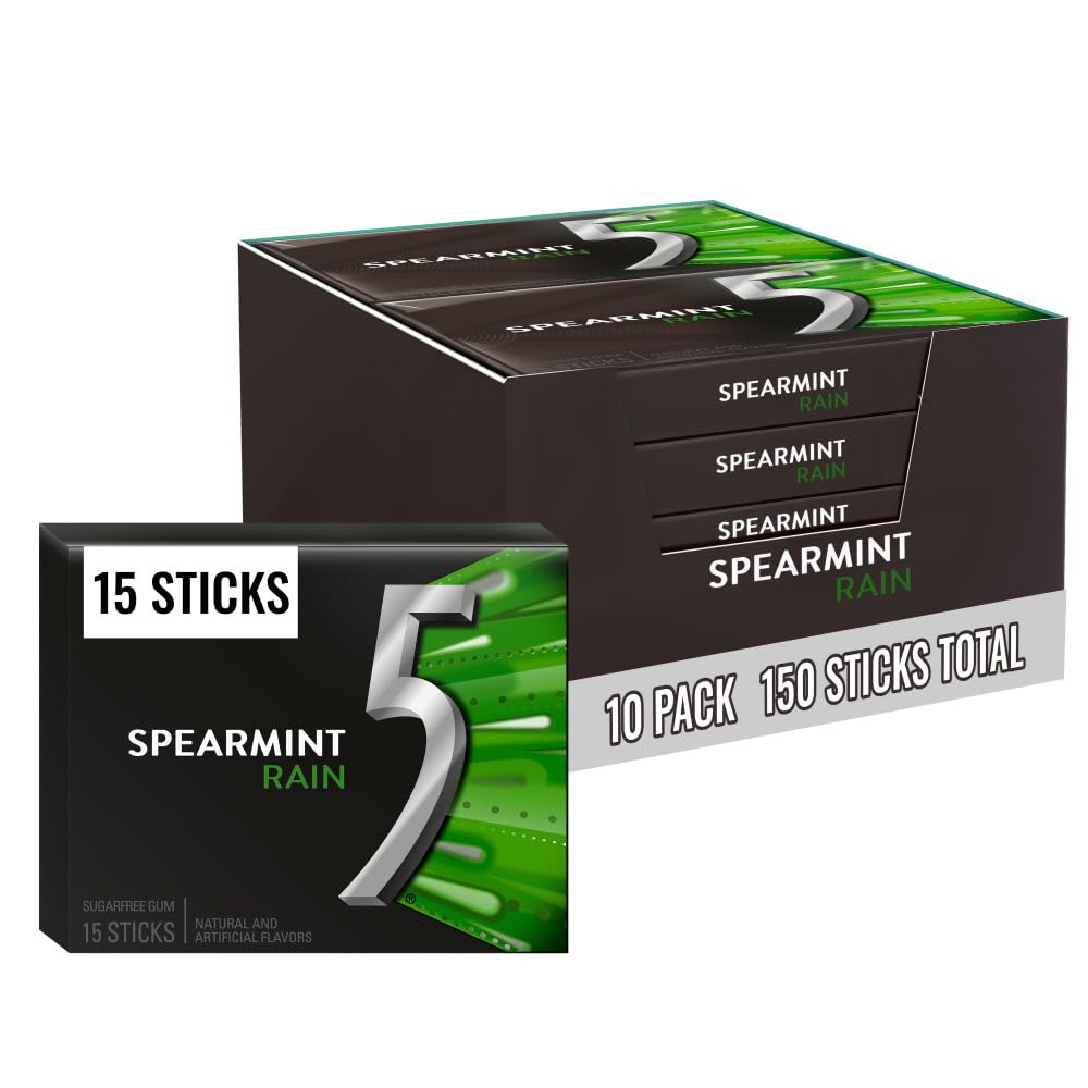 5 GUM Spearmint Rain Sugar Free Chewing Gum Bulk, Mini Purse Essentials, 15-Stick Box (Pack of 10)
