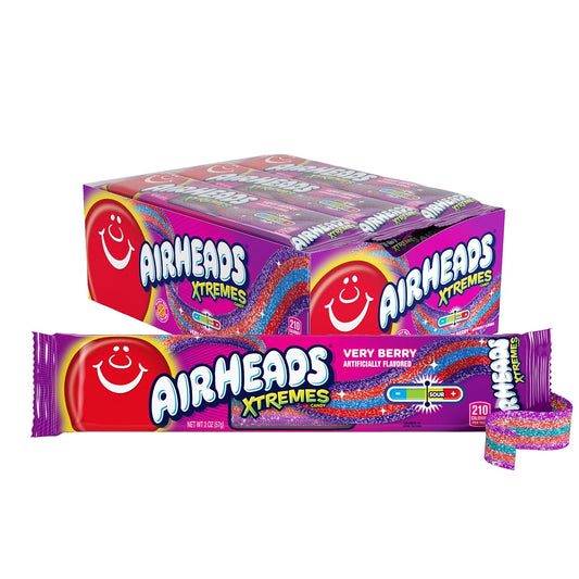 Airheads Xtremes Belts Sweetly Sour Candy, Very Berry, Non-Melting, Bulk Party Bag, 2 oz (Pack of 18)