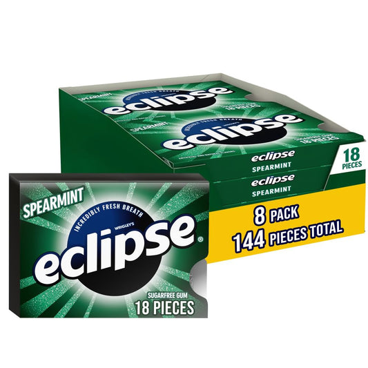 ECLIPSE Spearmint Sugar Free Chewing Gum, Bulk Pack, 18 Piece, 8 Pack | Crisp spearmint sugar free gum, handy after meals, on long commutes, travel and busy days, gift bag, gift box, bulk gum