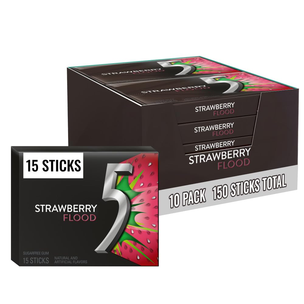 5 GUM Strawberry Flood Sugar Free Chewing Gum Juicy Fruity Tangy Flavor, Five Gum, 15 Sticks (10 Pack)