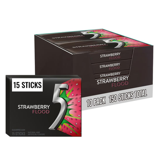 5 GUM Strawberry Flood Sugar Free Chewing Gum Juicy Fruity Tangy Flavor, Five Gum, 15 Sticks (10 Pack)