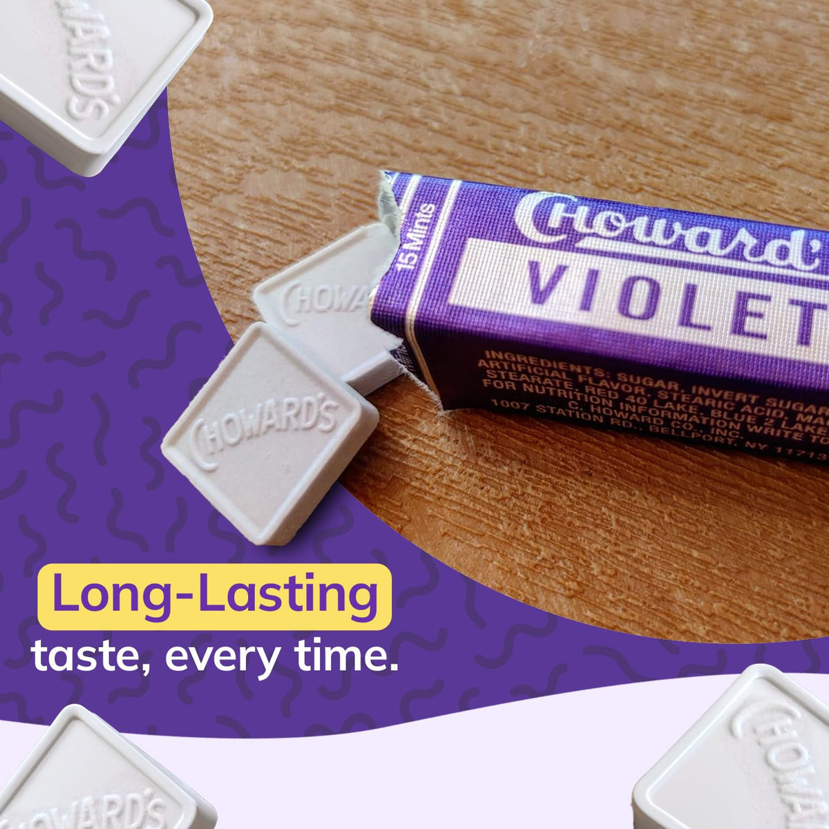 Choward's Violet Mints Candy | Bold Aromatic Flavor | Perfect for Snacks in Lunchboxes, Travel, Sharing, and Gifting | Nostalgic Vintage Candy | Pack of 24 (15 Mints Per Package, 24 Packages Per Box)