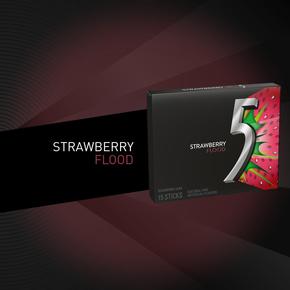 5 GUM Strawberry Flood Sugar Free Chewing Gum Juicy Fruity Tangy Flavor, Five Gum, 15 Sticks (10 Pack)