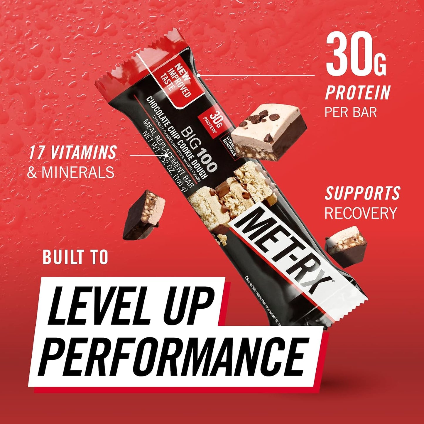 MET-Rx Big 100 Colossal Protein Bars, Chocolate Chip Cookie Dough Meal Replacement Bars, 9 Count (Pack of 1)