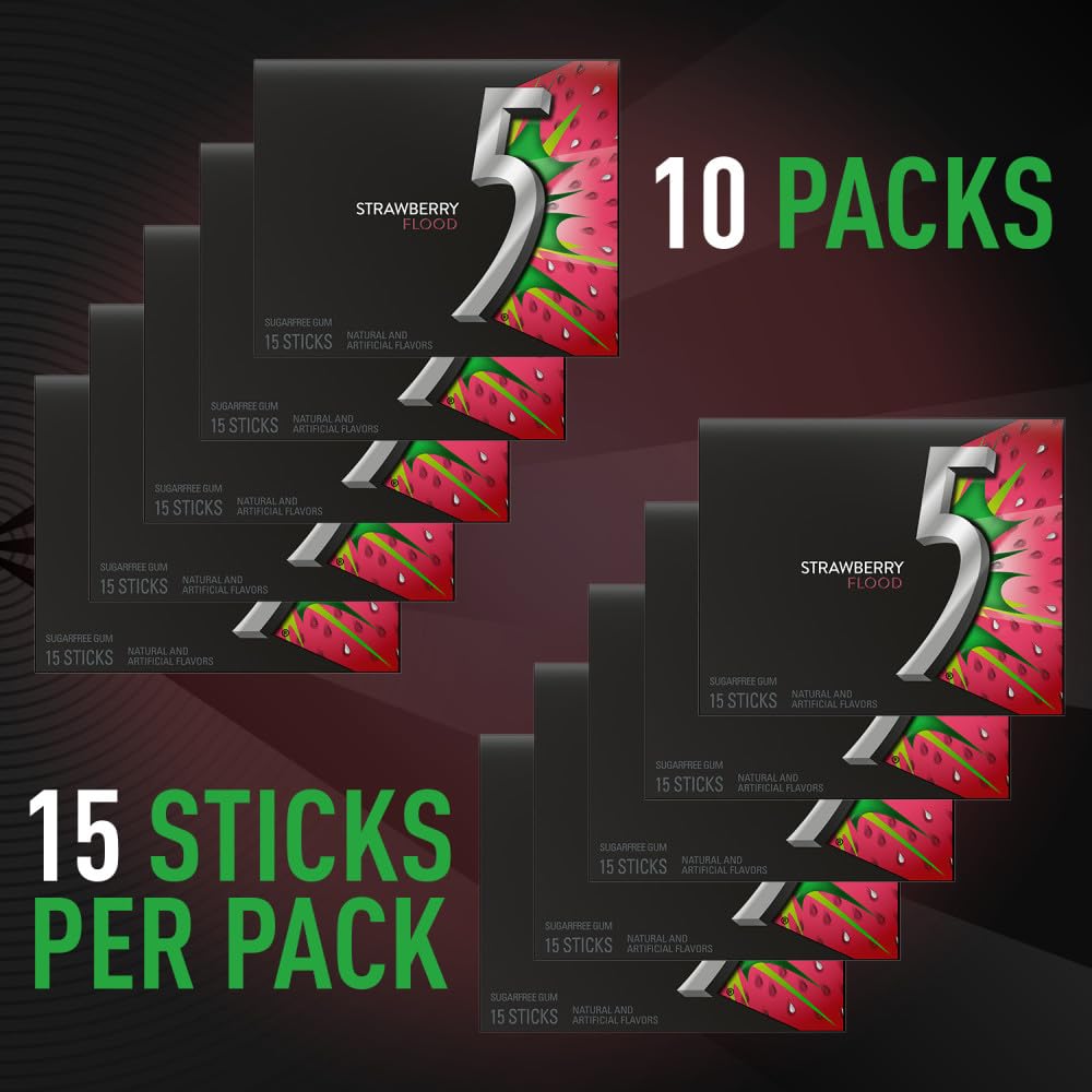 5 GUM Strawberry Flood Sugar Free Chewing Gum Juicy Fruity Tangy Flavor, Five Gum, 15 Sticks (10 Pack)