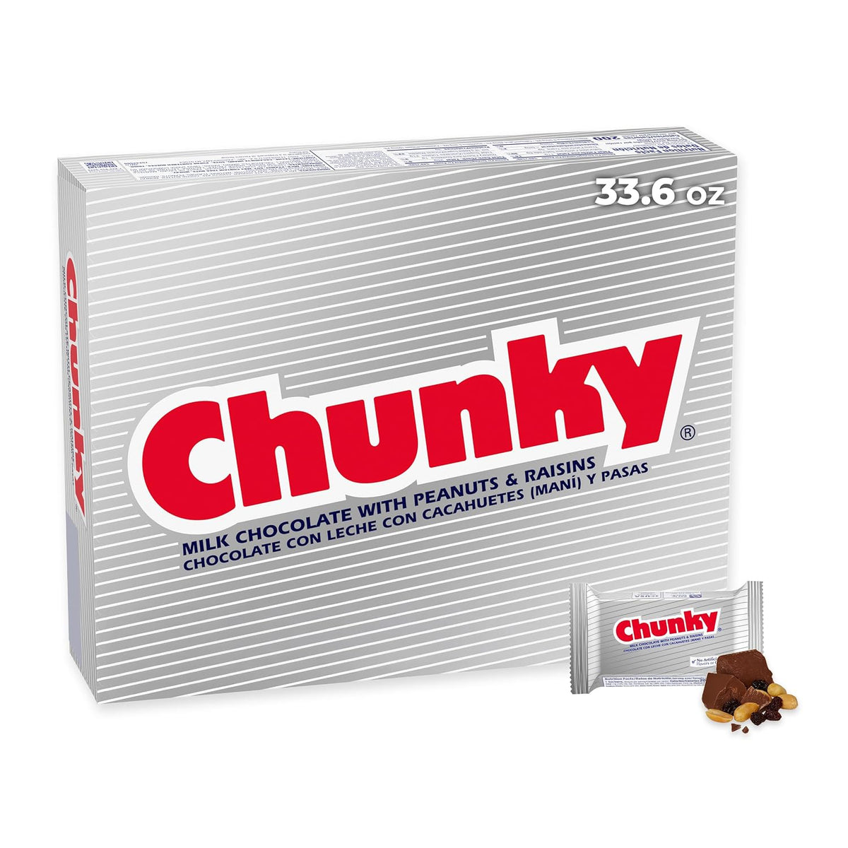 Chunky, Bulk 24 Pack, Milk Chocolate with Peanuts and Raisins Individually Wrapped Candy Bars, 33.6 Oz