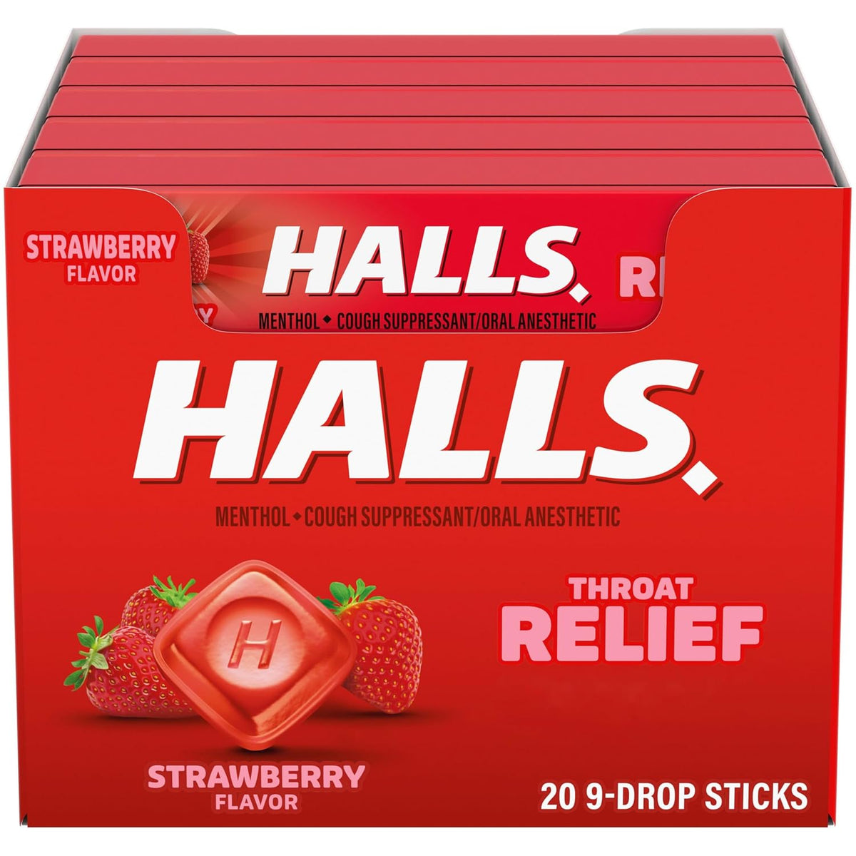 HALLS Throat Relief Strawberry Cough Drops, 180 ct | 20 Sticks of 9