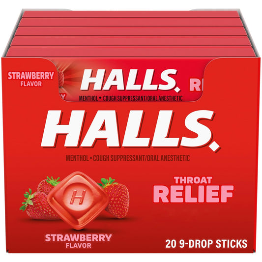 HALLS Throat Relief Strawberry Cough Drops, 180 ct | 20 Sticks of 9
