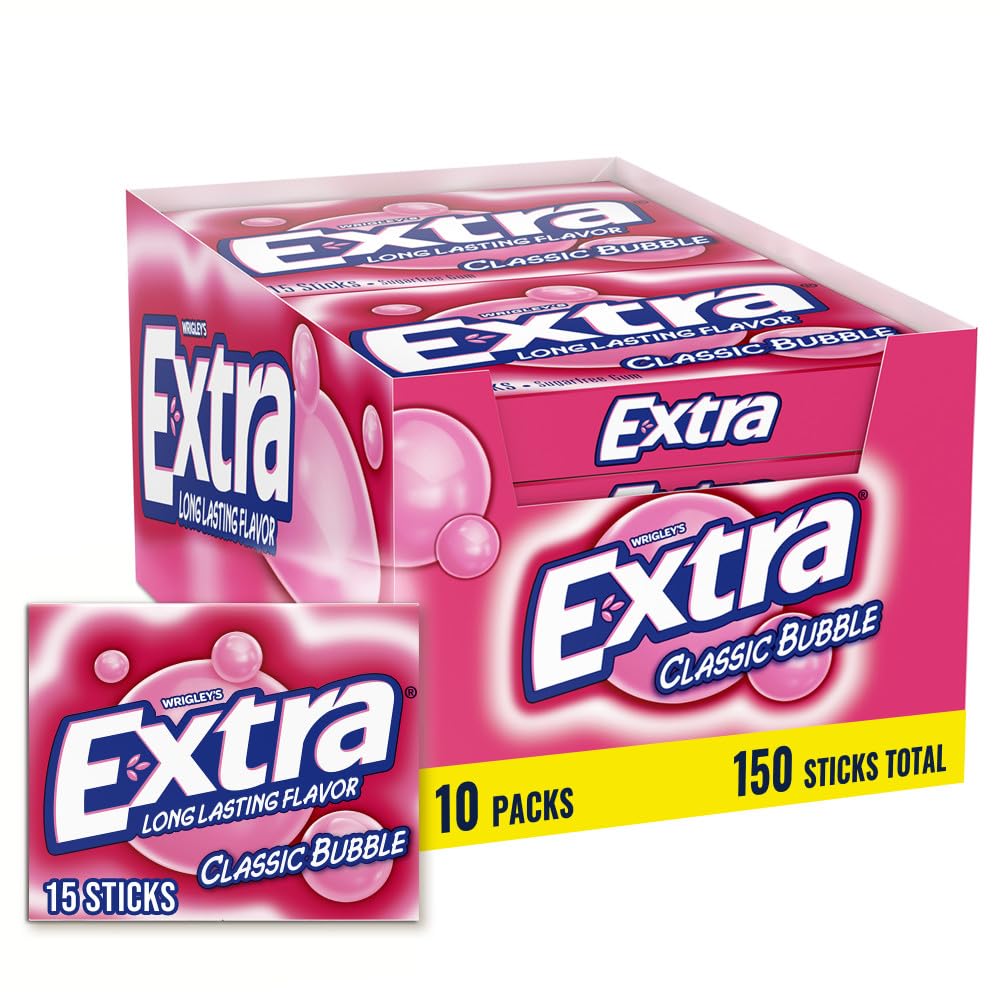 EXTRA Classic Bubble Gum Sugarfree Bulk Chewing Gum, 15 Count, 10 Pack | Long Lasting Classic Bubble Gum Flavor, Individually Wrapped Packs for Sharing, for Fresh Breath at School, Work and Travel