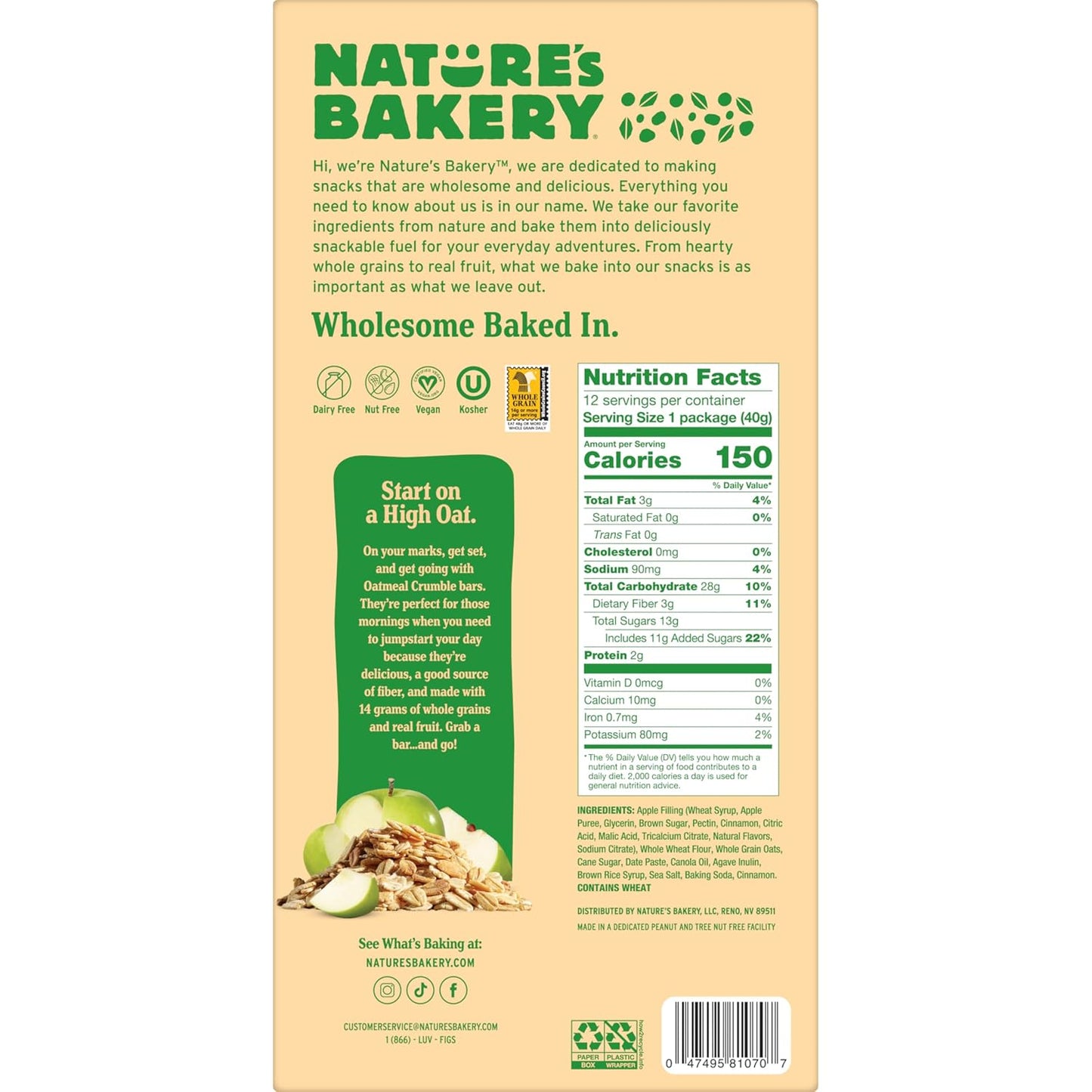 Nature's Bakery Oatmeal Crumble Bars, Apple, Real Fruit, Vegan, Non-GMO, Breakfast Bar, 1 Box With 12 bars