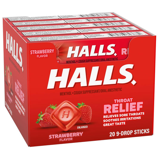 HALLS Throat Relief Strawberry Cough Drops, 180 ct | 20 Sticks of 9