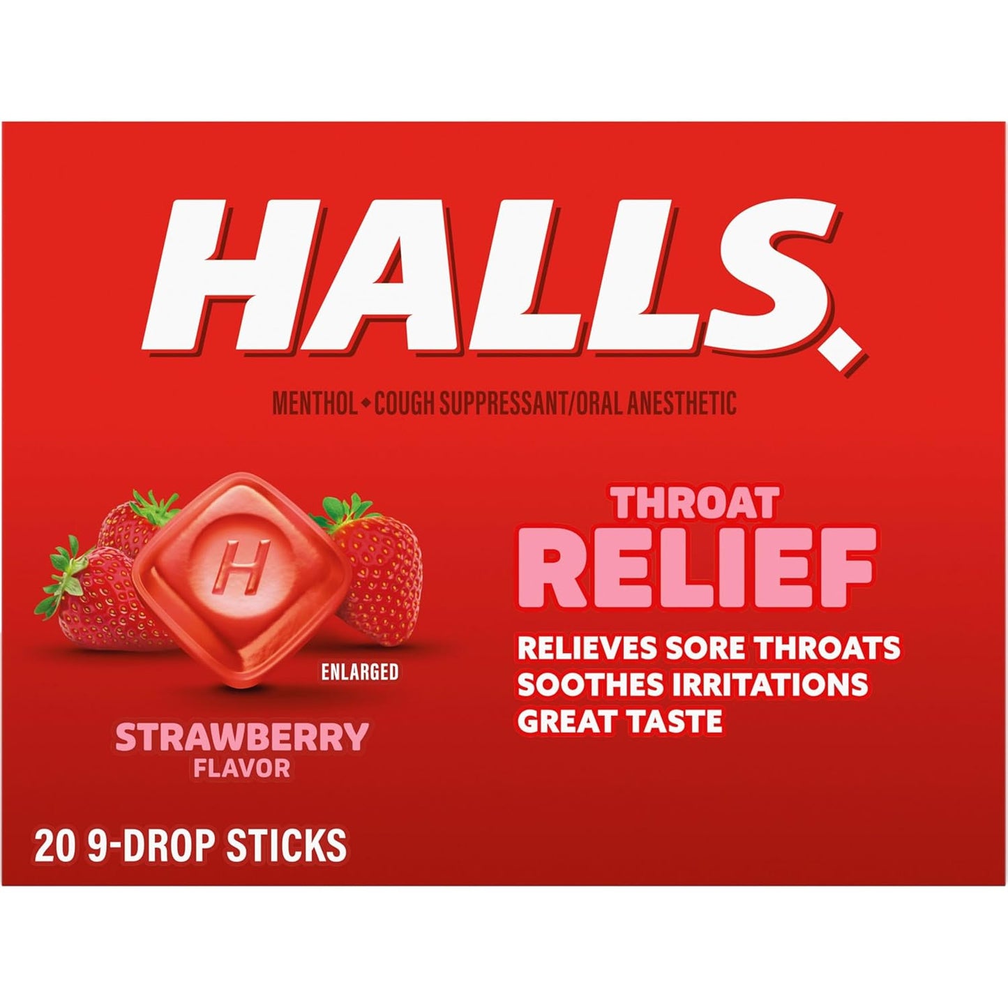 HALLS Throat Relief Strawberry Cough Drops, 180 ct | 20 Sticks of 9