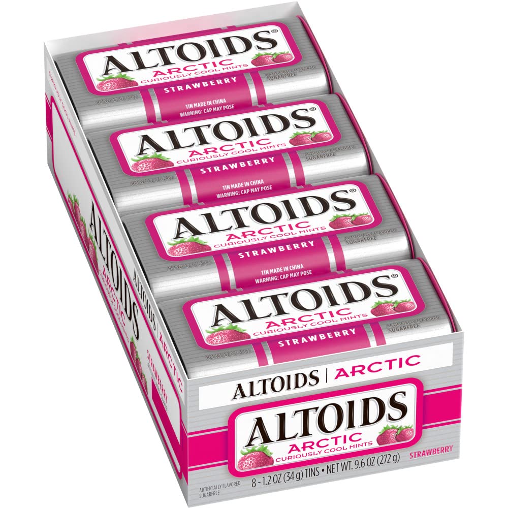 Altoids Arctic Strawberry Breath Mints, 1.2 oz Tins Bulk Size Pack of 8 for Travel Convenience and On-the-Go Refreshment