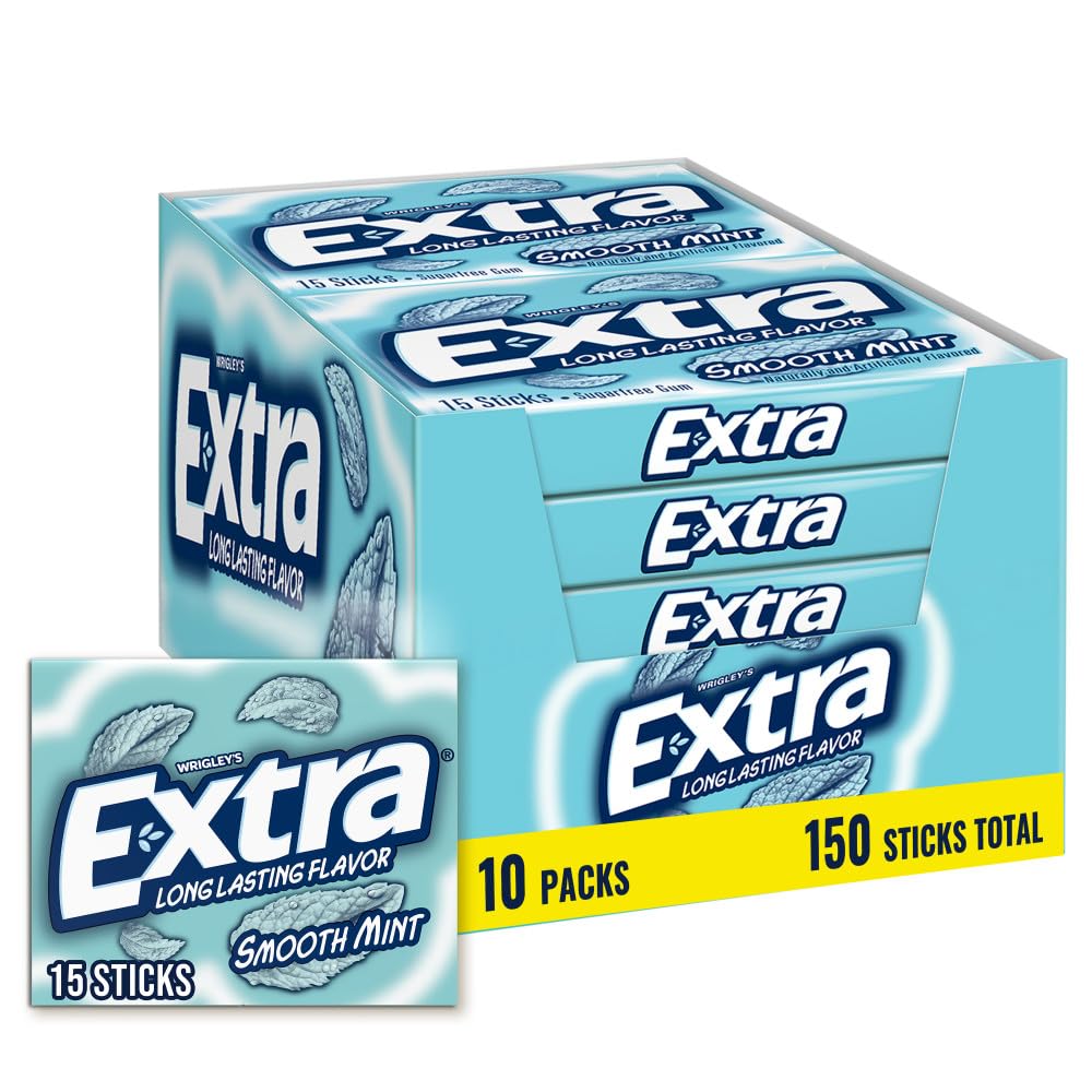 EXTRA Smooth Mint Sugar Free Chewing Gum, Bulk, 15 Stick, 10 Pack | Smooth mint individually wrapped sugar free gum, long lasting flavor and freshness for busy days, commutes, travel, lunch box