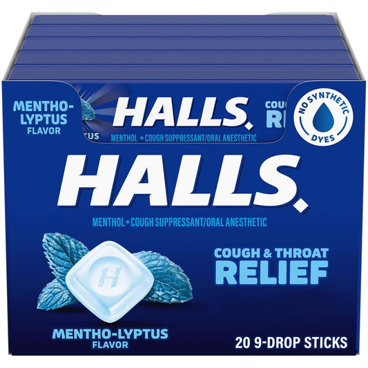 HALLS Cough & Throat Relief Mentho-Lyptus Cough Drops, 180 ct | No Synthetic Dyes, 20 Sticks of 9