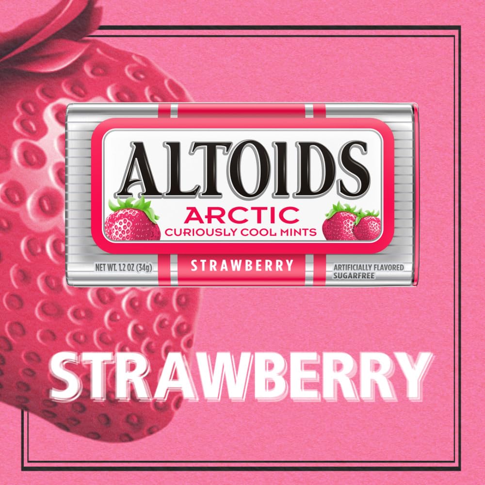 Altoids Arctic Strawberry Breath Mints, 1.2 oz Tins Bulk Size Pack of 8 for Travel Convenience and On-the-Go Refreshment